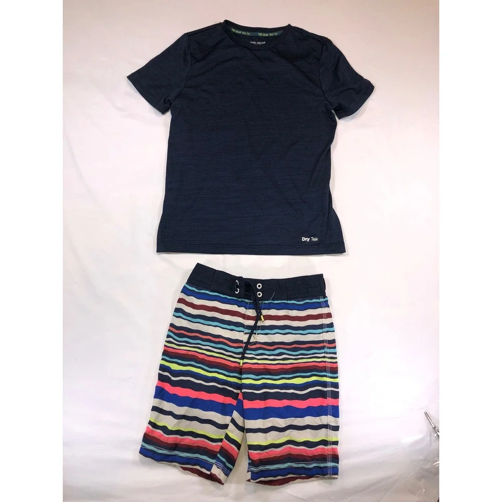 Boys Tek Gear Dry Tek Shirt and Gymboree Striped Board Shorts Swim Set Navy Blue
